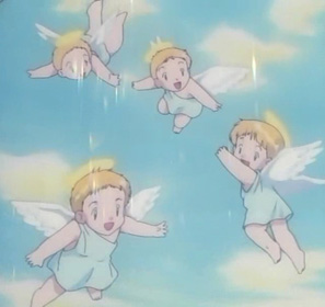 A stained glass window of a Kantoan orphanage depicting winged humans.